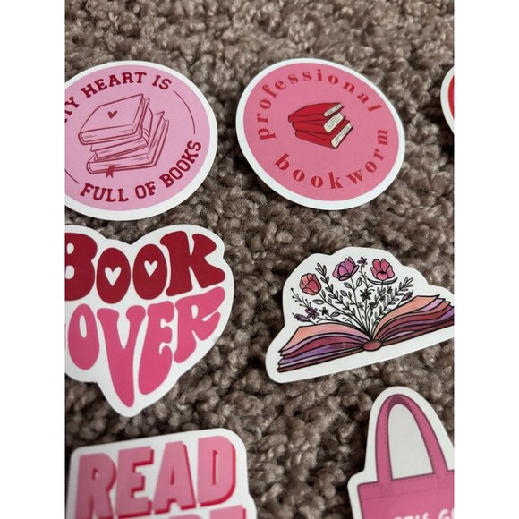 Lot of 9 bookish sticker pack pink theme floral hearts book lover introvert - Picture 3 of 4